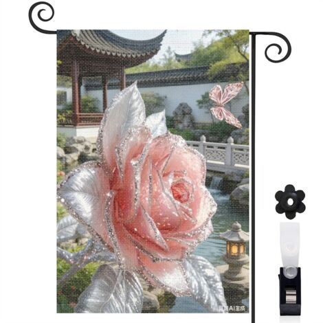 Drapeau vertical jardin tropical et rose scintillante 30 x 45 cm décoration saisonnière cour