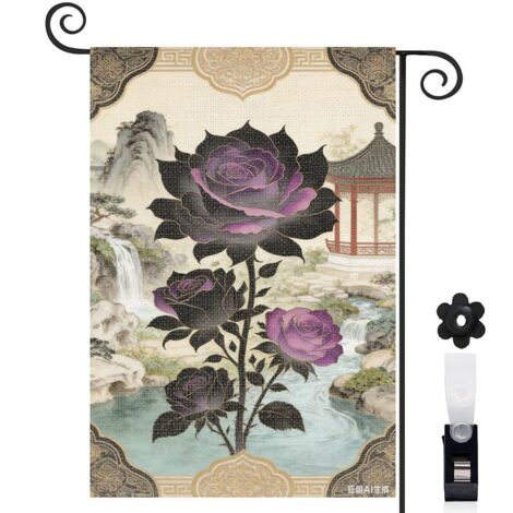 Drapeau vertical jardin zen et roses noires 30 x 45 cm décoration saisonnière cour