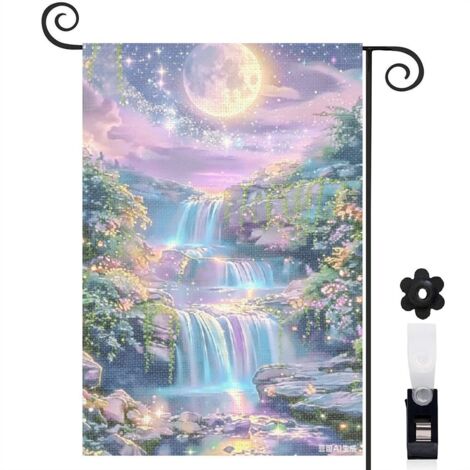Drapeau vertical lune et cascade aux couleurs irisées 30 x 45 cm décoration saisonnière cour