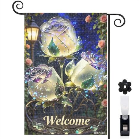 Drapeau vertical palmiers et roses cristallines 30 x 45 cm décoration saisonnière cour