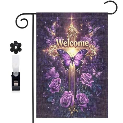 Drapeau vertical papillon violet et croix pour le jardin 30 x 45 cm décoration saisonnière extérieure
