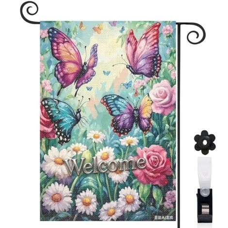 Drapeau vertical papillons et pensées jaunes et violettes 30 x 45 cm décoration saisonnière extérieure