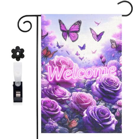 Drapeau vertical papillons et roses violettes lumineuses 30 x 45 cm décoration saisonnière cour