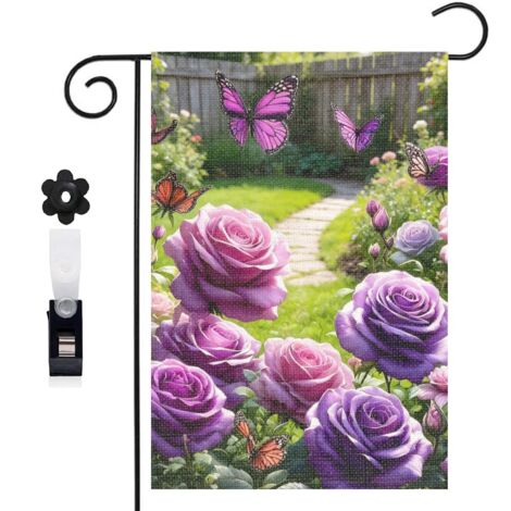 Drapeau vertical papillons multicolores et roses violettes 30 x 45 cm décoration saisonnière cour