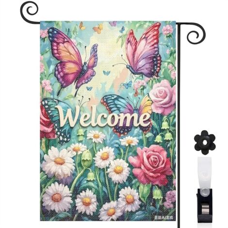 Drapeau vertical papillons violets et marguerites 30 x 45 cm décoration maison et jardin