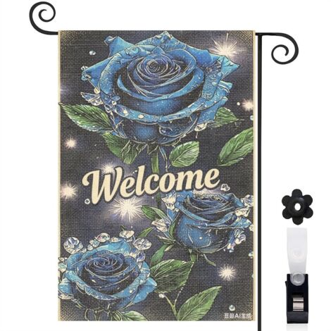 Drapeau vertical roses bleues élégantes et Welcome 30 x 45 cm décoration saisonnière cour