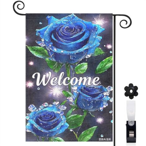 Drapeau vertical roses bleues et étincelles lumineuses 30 x 45 cm décoration jardin d'été
