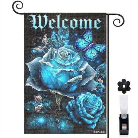 Drapeau vertical roses bleues et motifs mandala 30 x 45 cm décoration jardin d'été