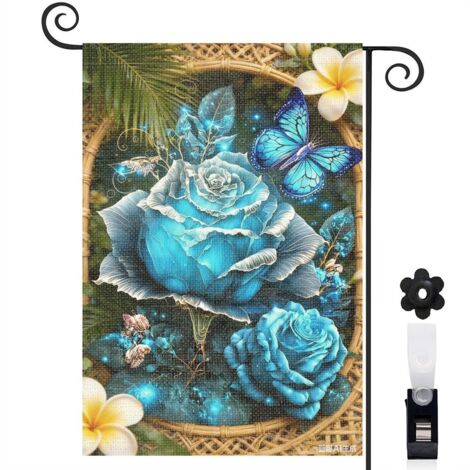 Drapeau vertical roses bleues et papillons scintillants 30 x 45 cm décoration maison et jardin