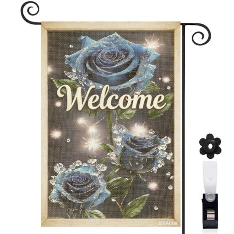 Drapeau vertical roses bleues scintillantes 30 x 45 cm décoration cour et extérieur