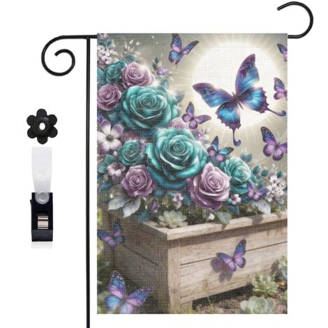 Drapeau vertical roses violettes et papillons colorés 30 x 45 cm décoration saisonnière extérieure