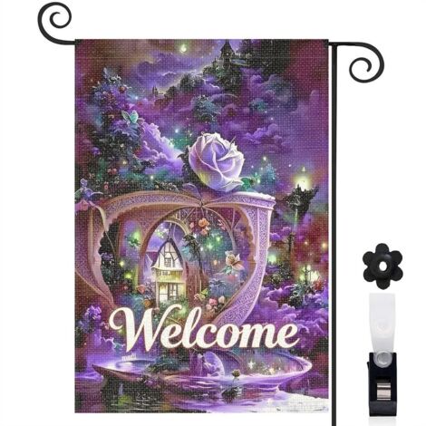 Drapeau vertical style conte de fées et château violet 30 x 45 cm décoration saisonnière extérieure