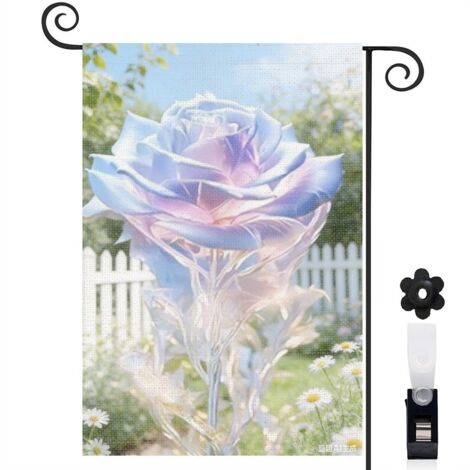 Drapeau vertical style shabby chic et rose bleue-rose 30 x 45 cm décoration saisonnière extérieure