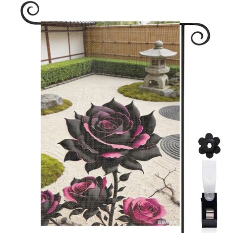 Drapeau vertical style shabby chic et rose noire 30 x 45 cm décoration saisonnière extérieure
