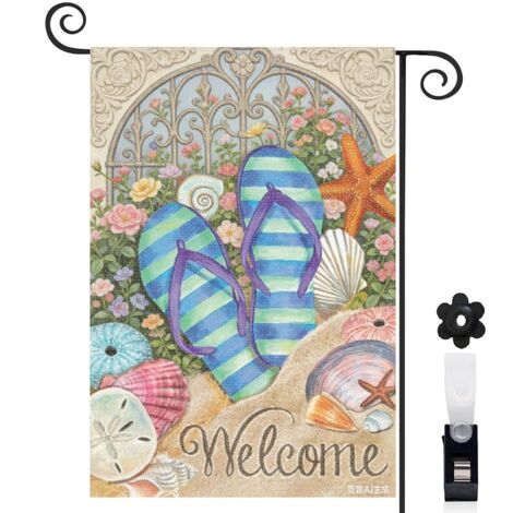 Drapeau vertical tongs violettes et plage 30 x 45 cm décoration saisonnière cour