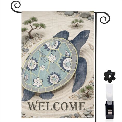 Drapeau vertical tortue et cadre vintage 30 x 45 cm décoration cour et extérieur