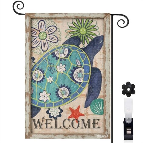 Drapeau vertical tortue et motif vintage 30 x 45 cm décoration saisonnière extérieure