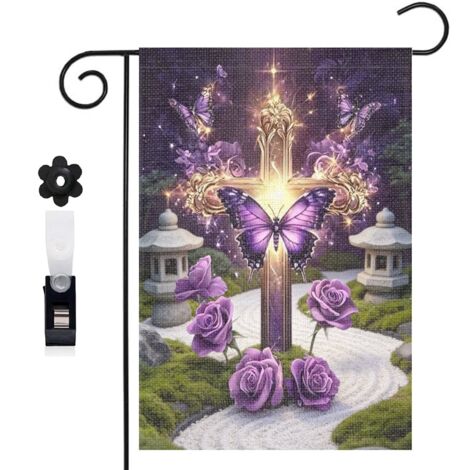 Drapeau vertical tournesols et croix avec roses violettes 30 x 45 cm décoration jardin d'été