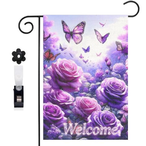 Drapeau vertical Welcome et papillons violets 30 x 45 cm décoration jardin d'été