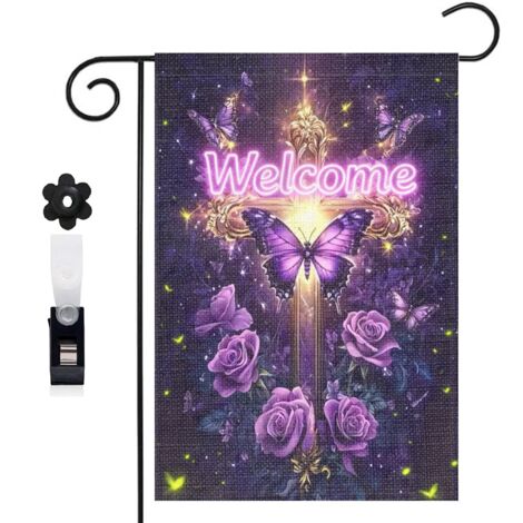 Drapeau vertical Welcome et roses violettes 30 x 45 cm décoration jardin d'été