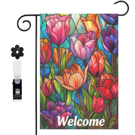 Drapeau vertical Welcome et tulipes violettes et rouges 30 x 45 cm décoration jardin d'été