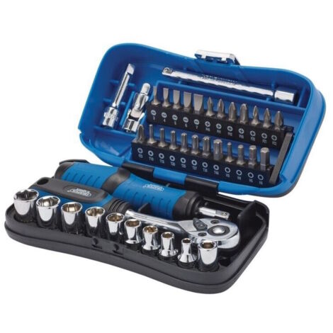 Draper Expert Socket and Bit Set 1/4" Sq. Dr. 4713 – 39 pieces – 72-tooth reversible ratchet – Chrome vanadium steel – Soft grip storage case