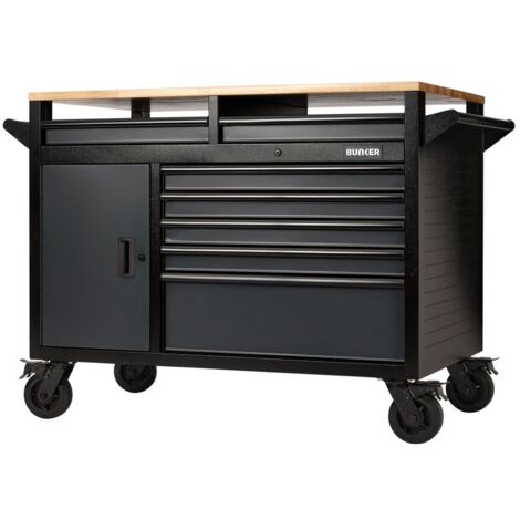 Draper 08251 BUNKER 14 Drawer Multi-Functional Workbench Roller Tool Cabinet, 48"", Grey