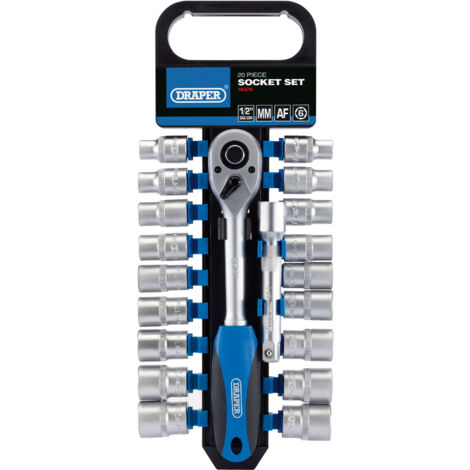 Draper 1/2" Square Drive Combined Metric and Imperial Socket and Ratchet Set, 20 Pieces (Up to 22mm & 7/8 inch)