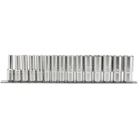 Draper 1/2" Square Drive Metric Deep Socket Set (15 Pieces) on a Metal Socket Rail, Model 16499