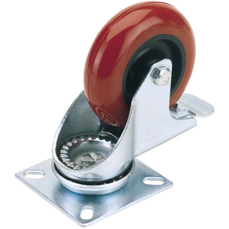 Draper 100mm Dia. Swivel Plate Fixing Polyurethane Wheel with Brake - S.W.L. 125Kg (65519)