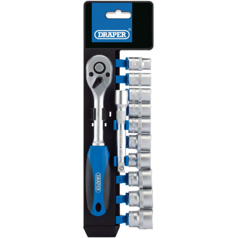 Draper 12-Piece 3/8" Square Drive Metric Socket and Ratchet Set (10-19mm) with Storage Rack