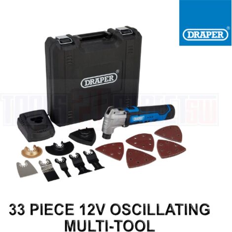 Draper 12V Oscillating Multi-Tool Kit with 33 Pieces, 1.5Ah Battery, Fast Charger, Model 19392