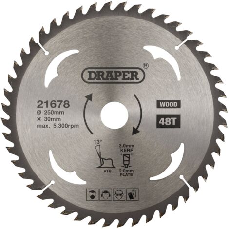 Draper 21678 TCT Circular Saw Blade for Wood – 250mm Diameter, 30mm Arbor, 48 Teeth
