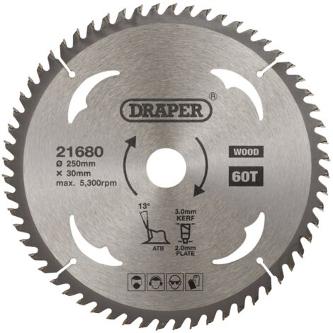 Draper 21680 TCT Circular Saw Blade for Wood – 250mm Diameter, 30mm Arbor, 60 Teeth