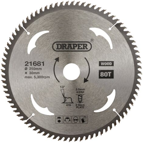 Draper 21681 TCT Circular Saw Blade for Wood – 250mm Diameter, 30mm Arbor, 80 Teeth