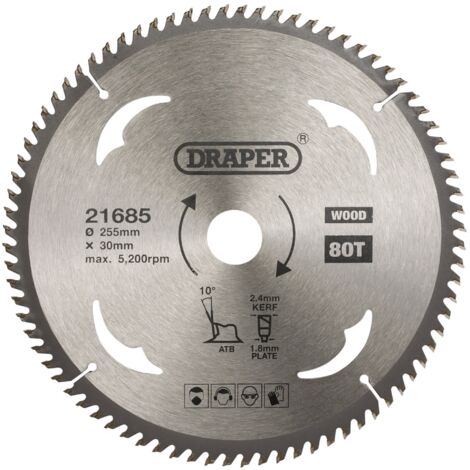 Draper 21685 TCT Circular Saw Blade for Wood – 255mm Diameter, 30mm Arbor, 80 Teeth