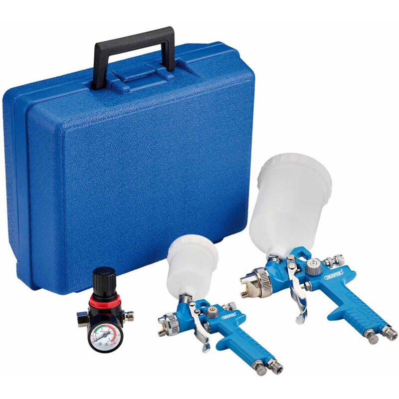 Draper HVLP Air Paint Spray Gun Kit (7 Pieces) with Dual Nozzles (0.8mm & 1.4mm) for Professional Finishing