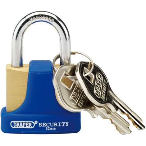 Draper 32mm Solid Brass Padlock and 2 Keys with Hardened Steel Shackle and Bumper (64164)