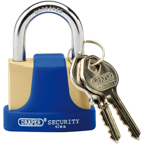 Draper 42mm Solid Brass Padlock and 2 Keys with Hardened Steel Shackle and Bumper (64165)