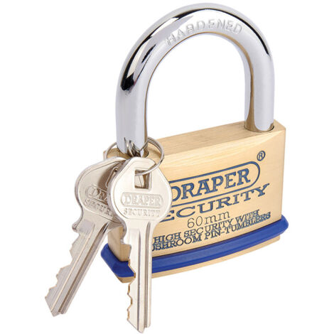 Draper 60mm Solid Brass Padlock with Hardened Steel Shackle, Mushroom Pin Tumblers, Bumper, and 2 Keys (Model 64163)