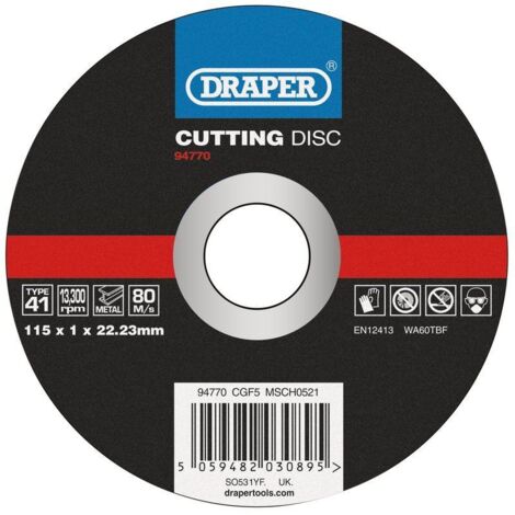Draper 94770 Metal Cutting Disc – 115mm Diameter x 1mm Thickness x 22.23mm Arbor Size for Metal Cutting Applications