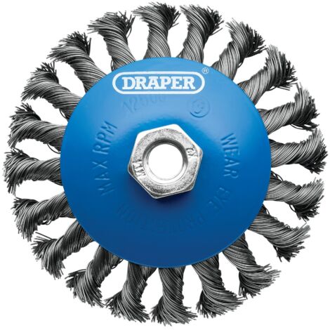 Draper Bevelled Steel Twist-Knot Wire Wheel Brush, 115mm Diameter, M14 Thread, Model 08063