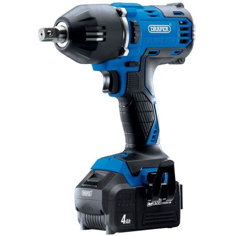 Draper D20 20V Brushless Mid-Torque Impact Wrench with 1/2-Inch Drive, 400Nm Torque, Includes Two 4.0Ah Batteries and Charger