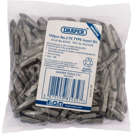 Draper No.2X25mm PZ Type 1/4" Hex Insert Bits (Bag of 100) - Model 83432