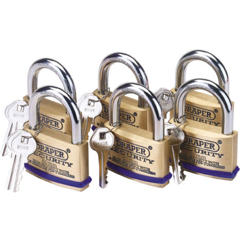 Draper Pack of 6 Solid Brass Padlocks with Hardened Steel Shackles, 60mm Diameter (Model 67663)