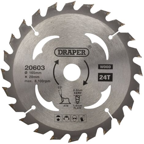 Draper TCT Circular Saw Blade for Wood – 165mm Diameter, 20mm Arbor, 24 Teeth, Model 20603