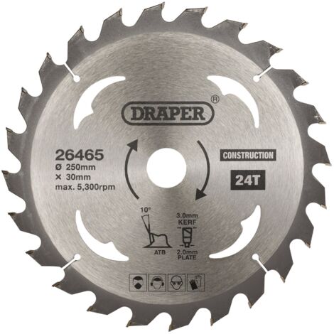 Draper TCT Construction Circular Saw Blade – 250mm Diameter, 30mm Arbor, 24 Teeth, Model 26465