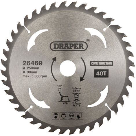 Draper TCT Construction Circular Saw Blade, 250mm Diameter, 30mm Arbor, 40 Teeth, Model 26469