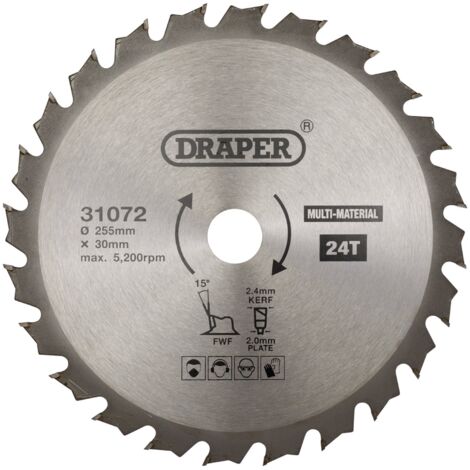 Draper TCT Multi-Purpose Circular Saw Blade, 255mm Diameter, 30mm Arbor, 24 Teeth, Model 31072
