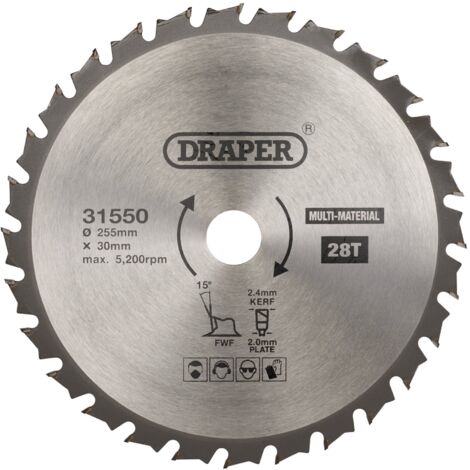 Draper TCT Multi-Purpose Circular Saw Blade, 255mm Diameter, 30mm Arbor, 28 Teeth, Model 31550